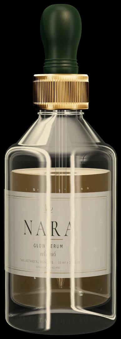NARA Glow Serum ด้านหน้า ขวดแก้วใสพร้อมหัวบีบยางสีเขียวป่า